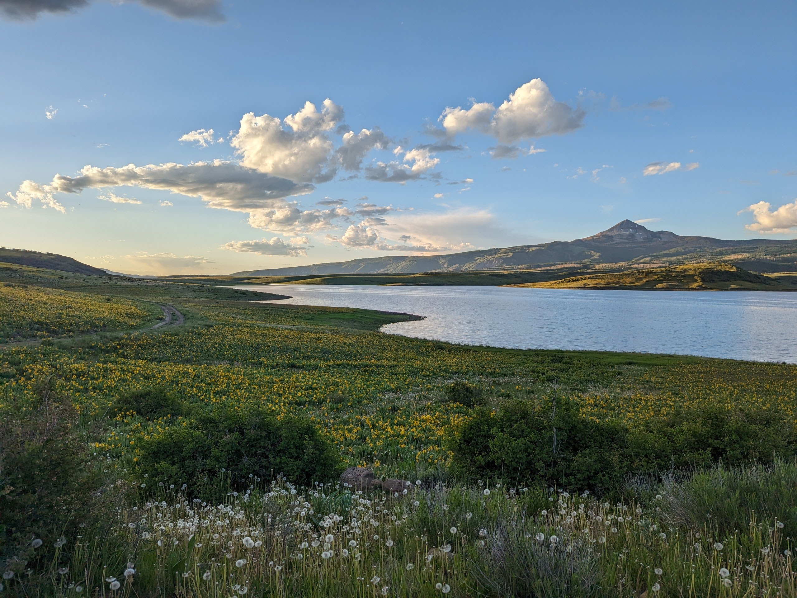 Groundhog Lake at golden hour with a wildflower meadow and the San Juan Mountains beyond